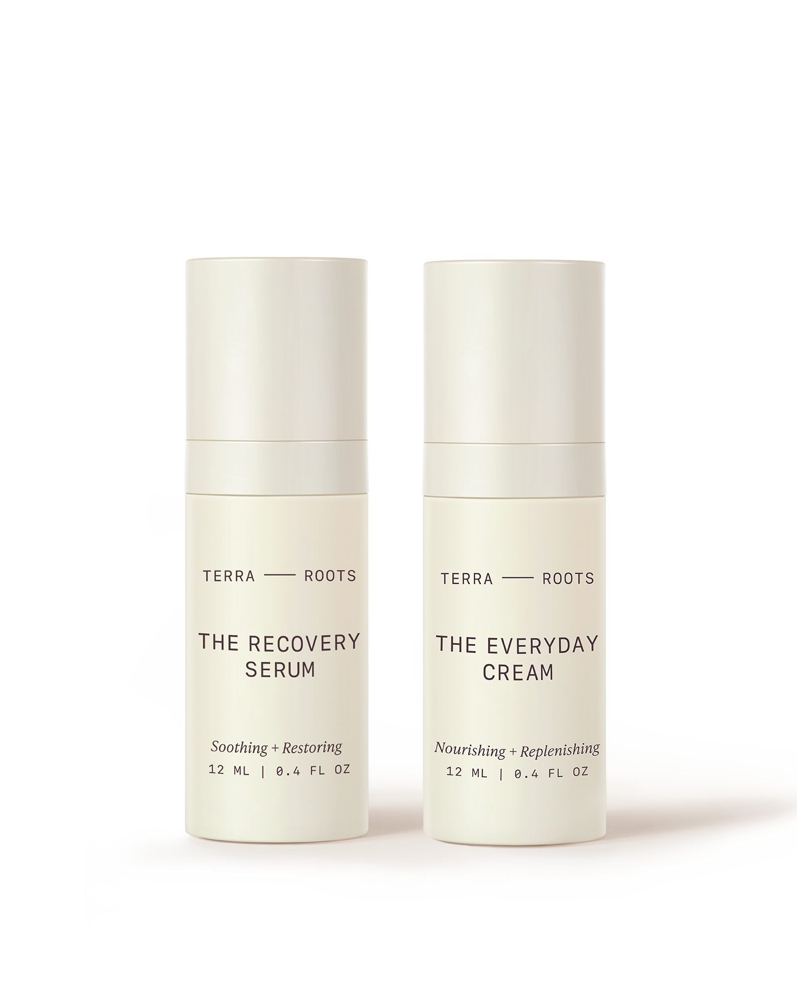 Two skincare products, 'The Recovery Serum' and 'The Everyday Cream', by Terra Roots on a white background.