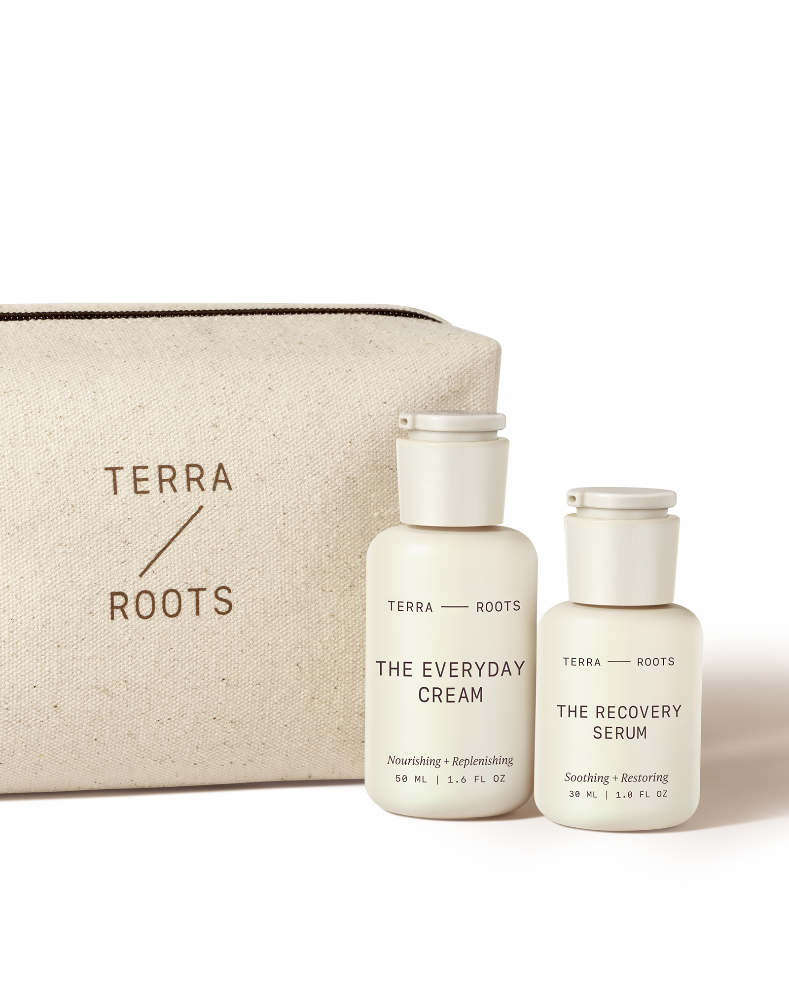 Terra & Roots skincare set with cream and serum bottles and a pouch