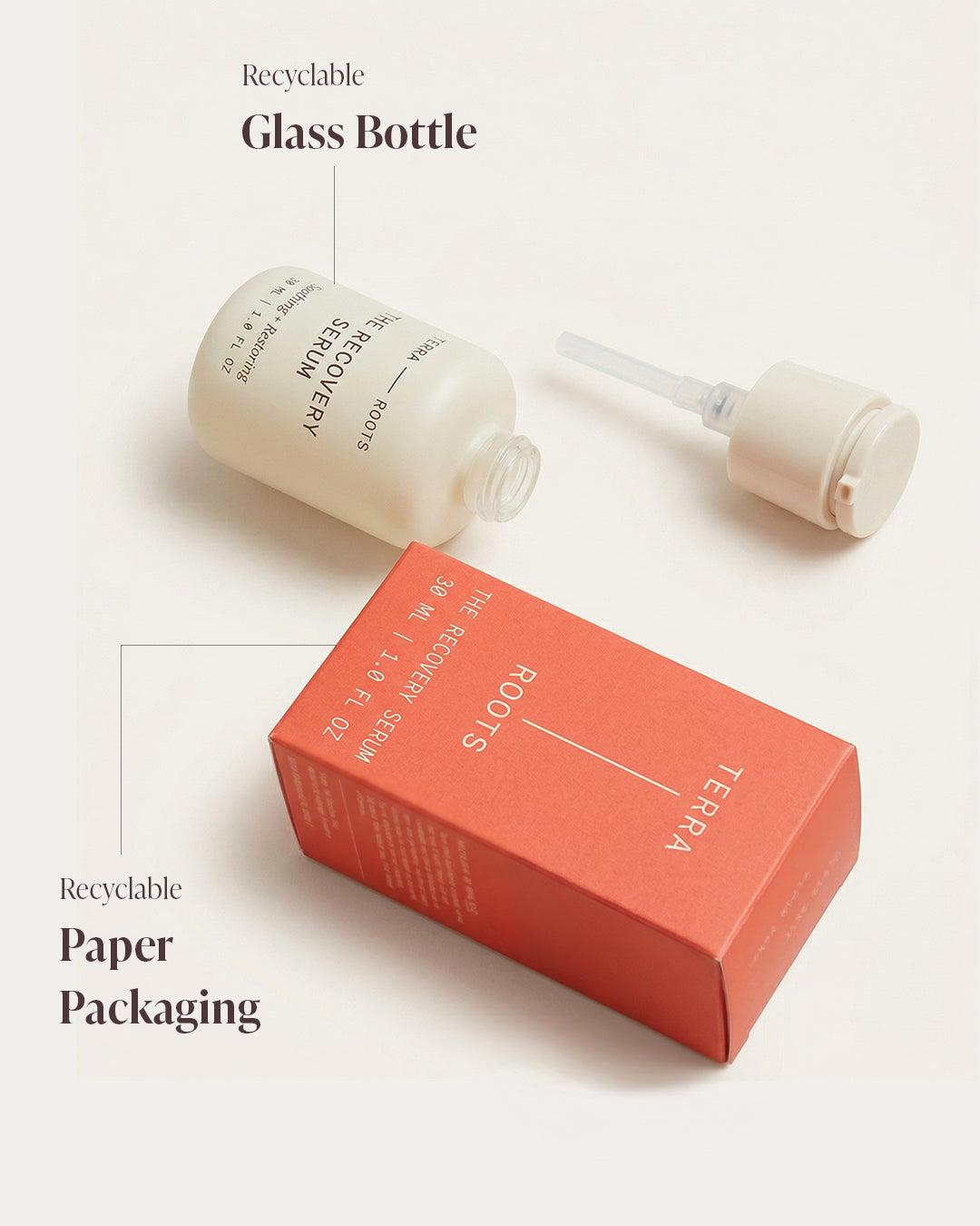 Terra Roots Recovery Serum packaging with recyclable glass bottle and paper box, minimalist skincare design