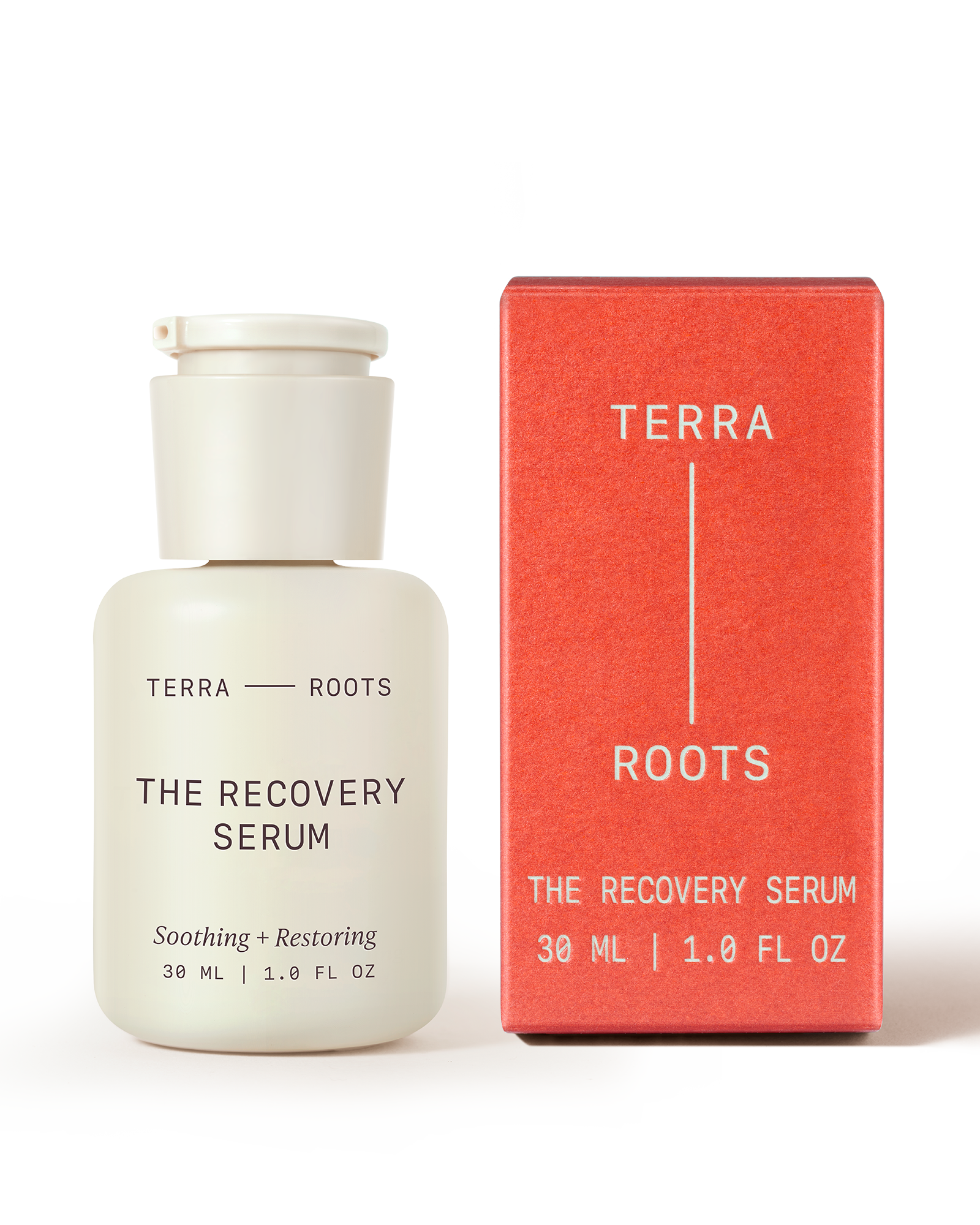 Terra Roots The Recovery Serum bottle and packaging on a white background