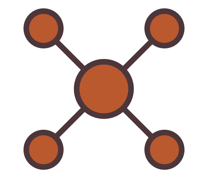 Icon of interconnected circles with brown centers on a white background