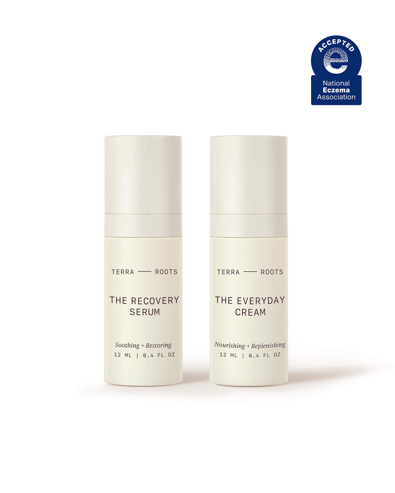 Travel size skincare set for sensitive skin, Terra Roots serum and moisturizer duo supports skin barrier, NEA accepted.