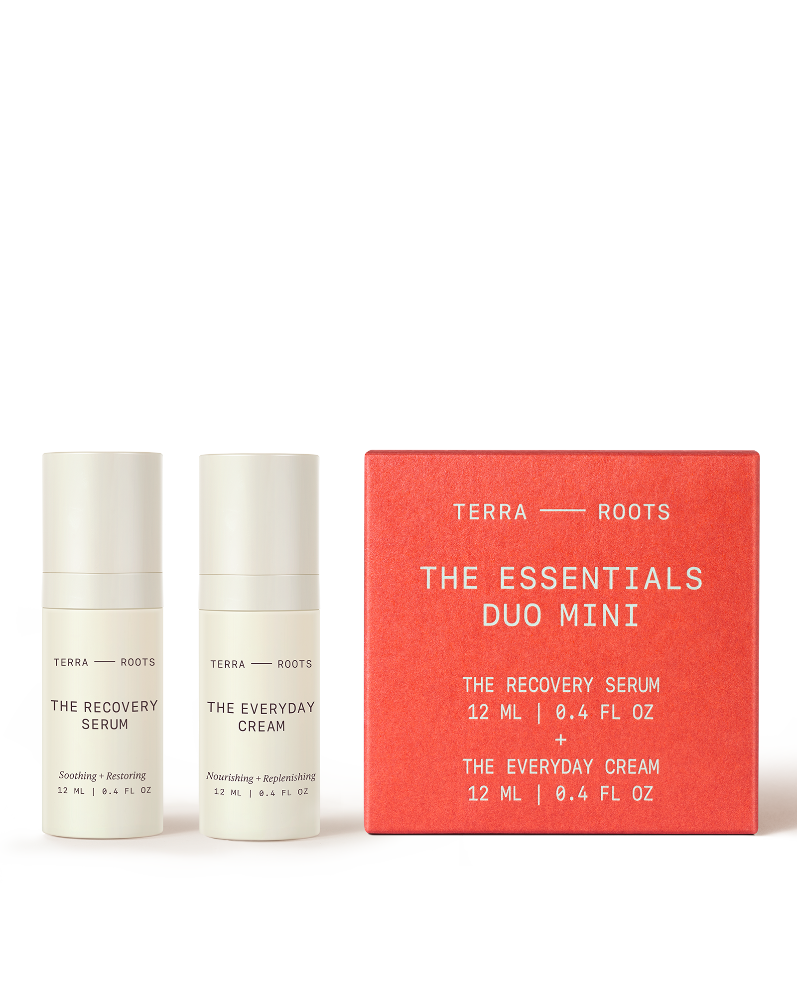 Terra Roots skincare set with two bottles and a red box on a white background