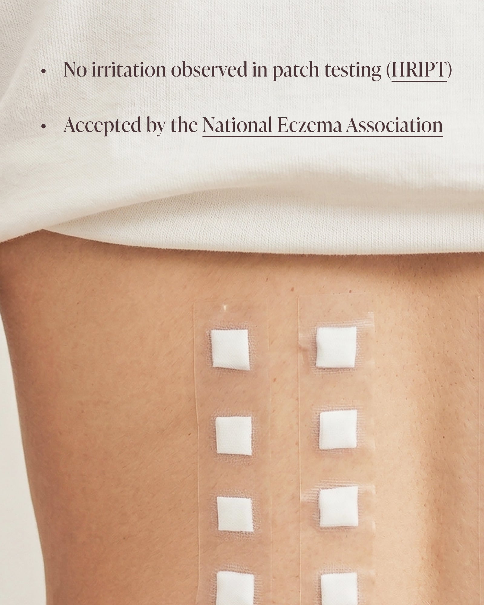 Patch testing on skin showing no irritation, HRIPT tested skincare for sensitive skin, accepted by the National Eczema Association