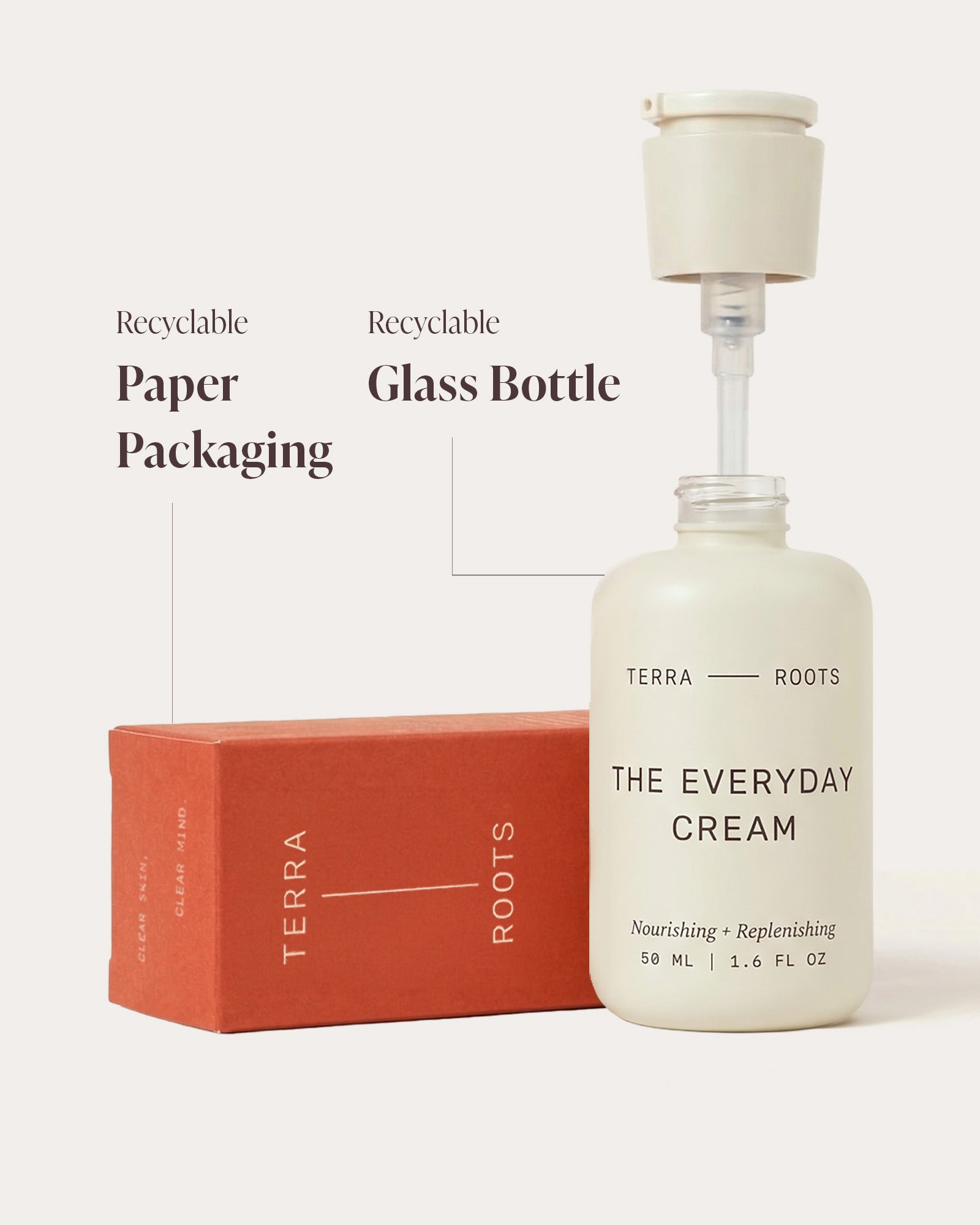 Terra Roots Everyday Cream packaging with glass bottle and recyclable paper box, minimalist skincare design