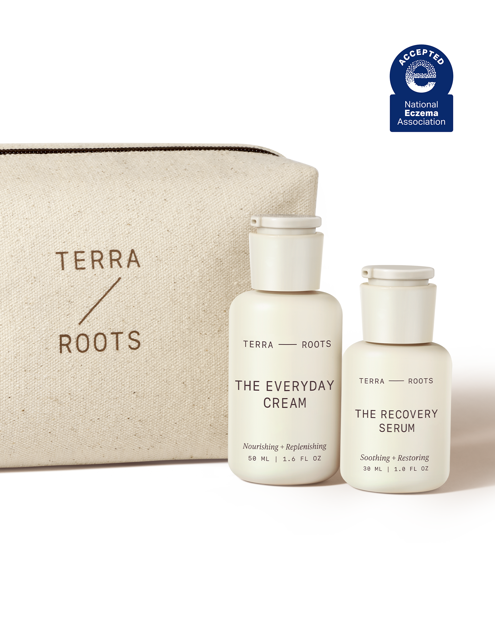 Terra & Roots skincare set with cream and serum bottles and a pouch.