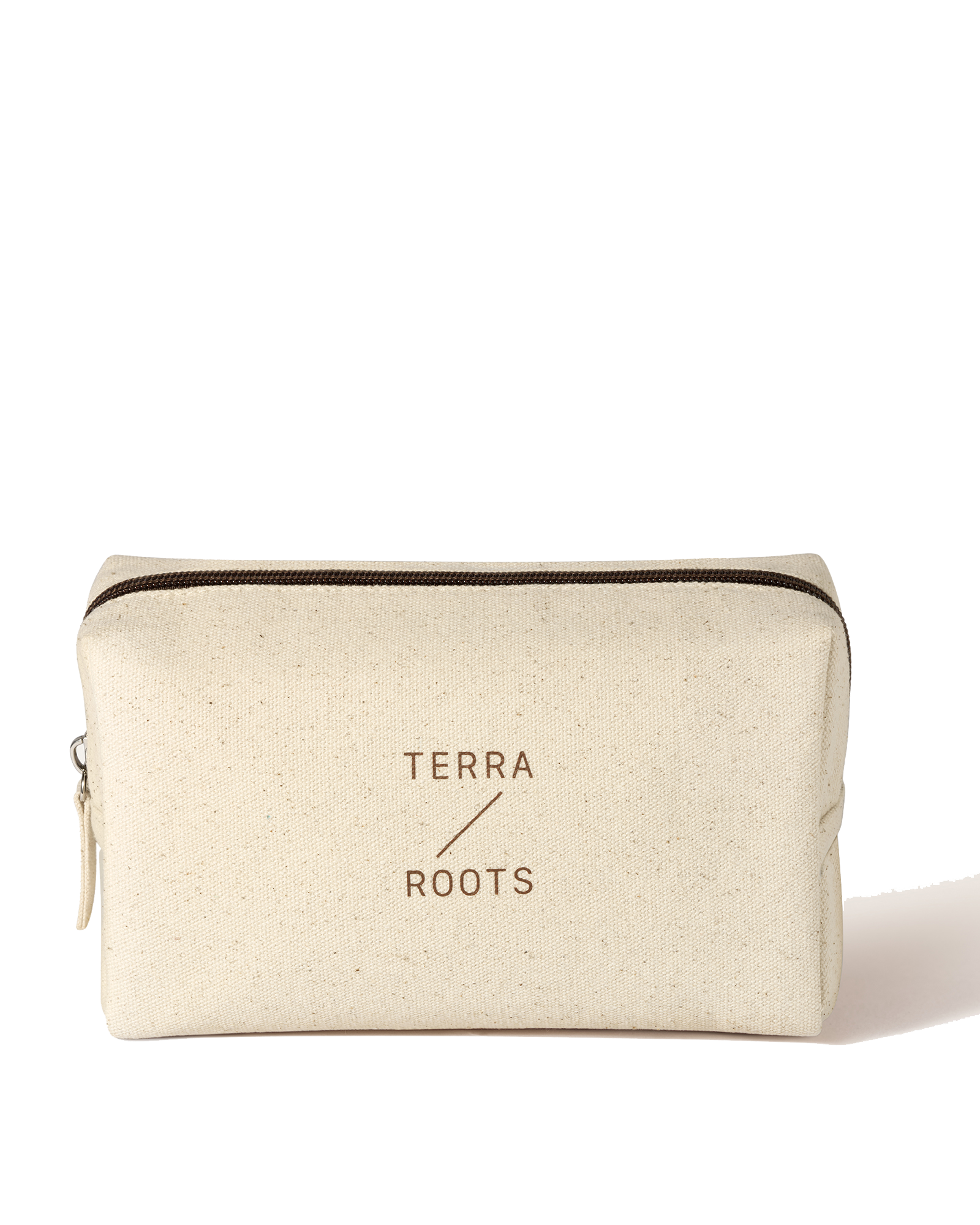 Beige toiletry bag with 'Terra Roots' branding on a white background