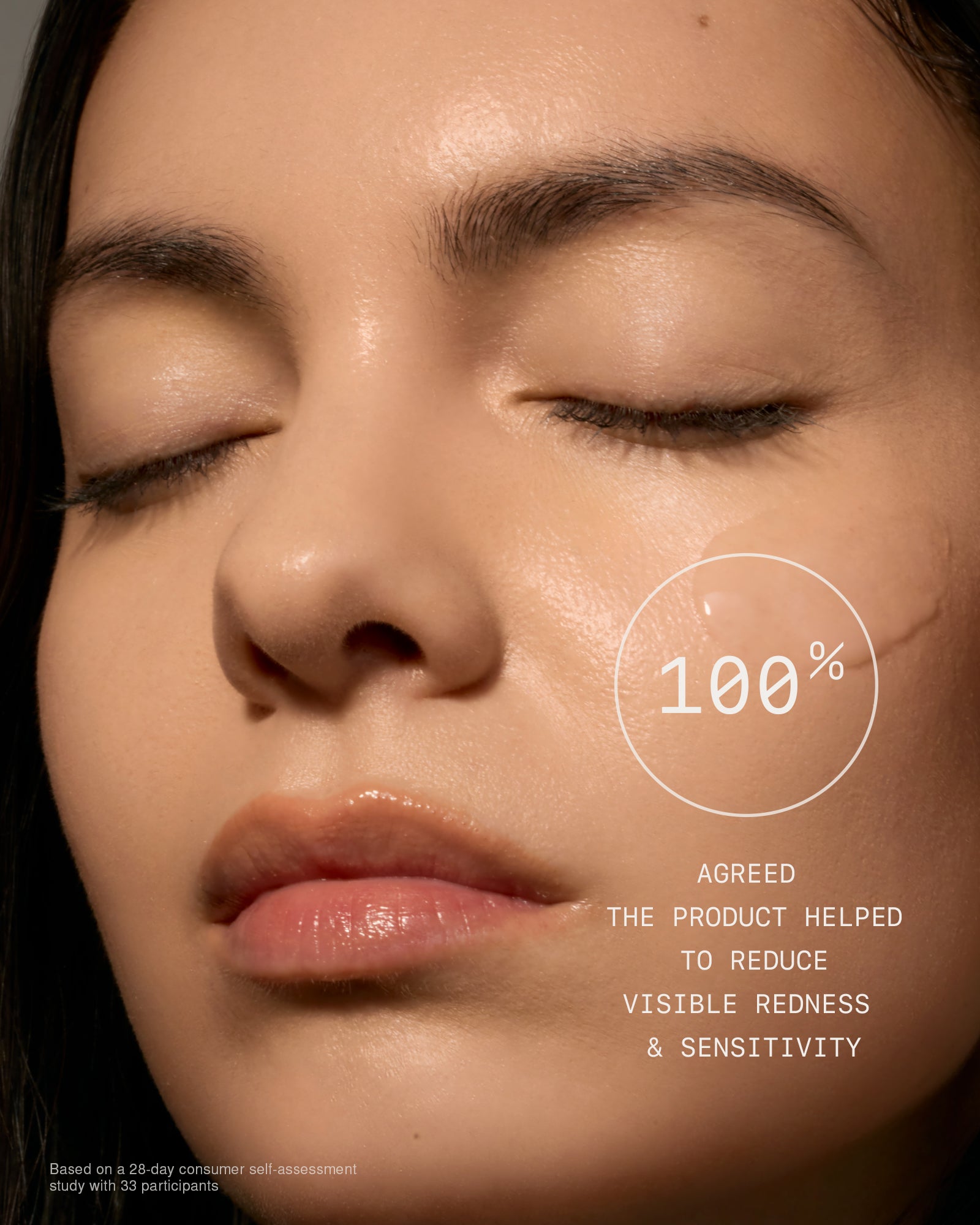 Model with visibly calmer skin, 100% agreed reduced redness and sensitivity after using Terra Roots Recovery Serum