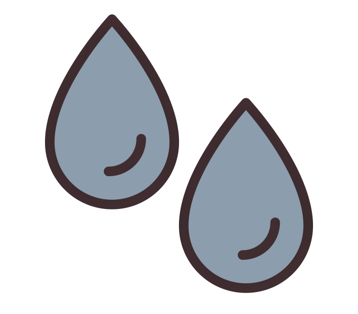 Two blue water droplets with brown outlines on a white background
